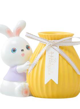 满天星干花桌面装饰品萌兔摆件