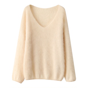一线无缝拉绒100%山羊绒衫女V领宽松纯色套头针织衫百搭打底毛衣
