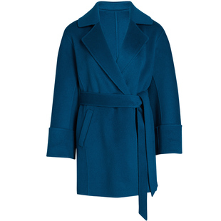 LANDI蓝地湖蓝色羊毛羊绒真丝混纺毛呢大衣女系带中长外套冬新品