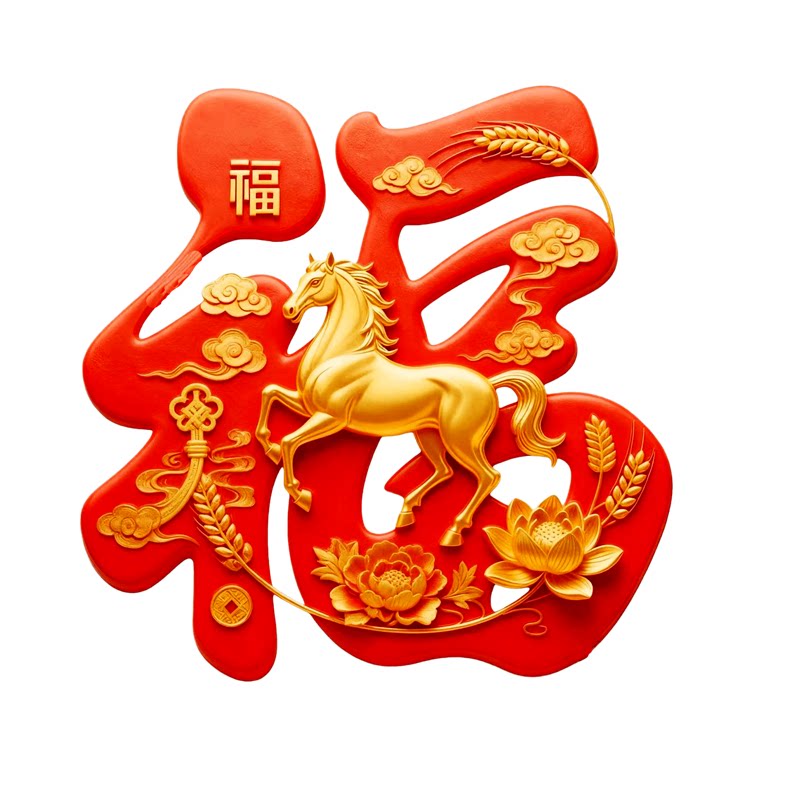 中国风马年福字门贴新年装饰贴纸立体金马牡丹春节门头贴画门窗贴
