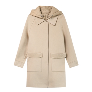 白鹿语绵羊毛连帽双面呢大衣2024秋冬新款宽松拼接羽绒马甲女套装