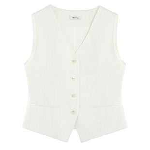 Maven Lin复古老钱风短款西装马甲女莱赛尔亚麻V领显瘦背心坎肩