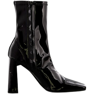 关晓彤唐嫣同款漆皮方头短靴女高跟鞋弹力瘦瘦靴粗跟中筒靴子