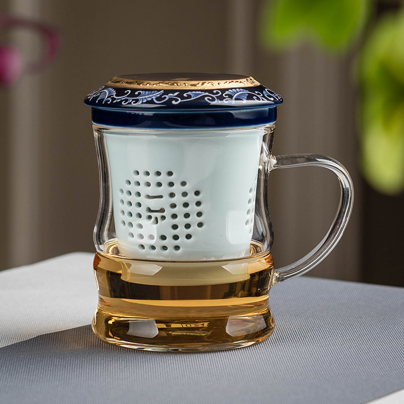 一园简约玻璃泡茶杯茶水分离中式高硼硅花茶过滤网带盖办公杯水杯