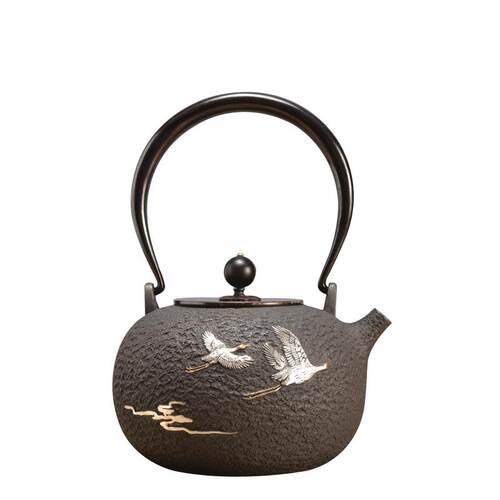 龟寿堂 祥云瑞鹤日本铁壶 纯手工无涂层砂铁壶煮茶壶 家用烧水壶