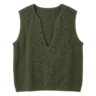 绿色深V领细闪亮丝针织马甲女冬季新款宽松显瘦百搭叠穿背心上衣