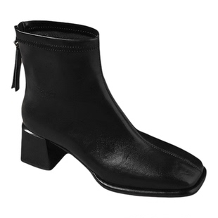 达芙妮黑色短靴女2025新款秋季方头靴子低跟瘦瘦靴英伦风马丁靴女