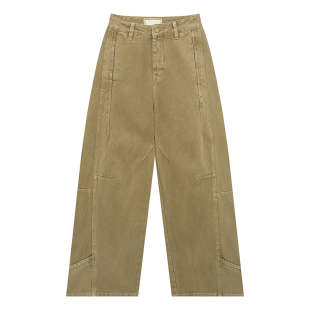 橘子树在哪儿复古卡其色拼接牛仔裤女春秋设计感直筒阔腿垂感裤子