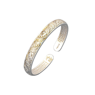 卷草纹银手镯妈妈款9999纯银女士2025新款心经描金镯子女实心银饰