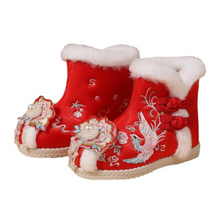 女童绣花鞋加绒棉鞋儿童汉服鞋中国风雪地靴女童民族风古装布鞋子