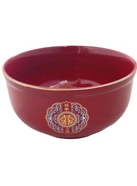 6寸特大碗喜字金边酒红色里外全红中式保鲜碗 结婚陶瓷釉中彩汤碗