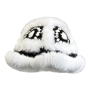 兔毛针织毛绒帽女秋冬季毛茸茸虎头醒狮渔夫帽可爱显脸小毛线帽子