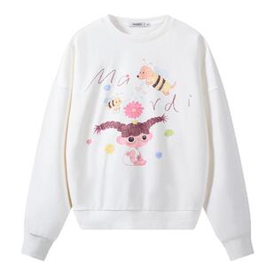 MARDI卡通时尚圆领卫衣女米白色可爱套头长袖上衣休闲通勤风宽松