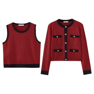 水云间波尔多红毛衣针织开衫背心两件套女小香风短款外套2025秋冬