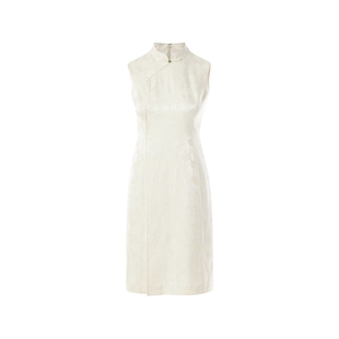 朗姿集团LIME莱茵新中式旗袍连衣裙米白色气质立领收腰国风提花裙