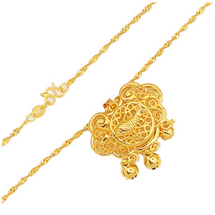 新款沙金福字长命锁铜镀金假黄金平安锁满月礼物富贵如意金锁项链