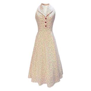 夏季新款港风复古V领衬衫连衣裙碎花收腰显瘦无袖裙子法式气质女