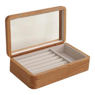 樱桃木珠宝首饰盒小型海棠花玻璃盖饰品盒项链耳环精致实木收纳盒