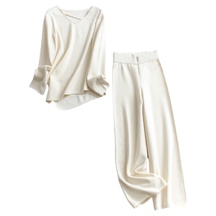 含绵羊毛纯色V领不规则套头毛衣可配一整套针织喇叭裤女套装Q275