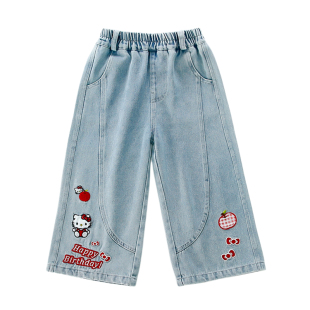 女童潮流刺绣猫咪阔腿牛仔裤2026新款儿童春装洋气女宝宝百搭裤子