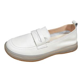 真皮乐福鞋女2026新款一脚蹬牛筋底软底单鞋平底休闲妈妈小白皮鞋