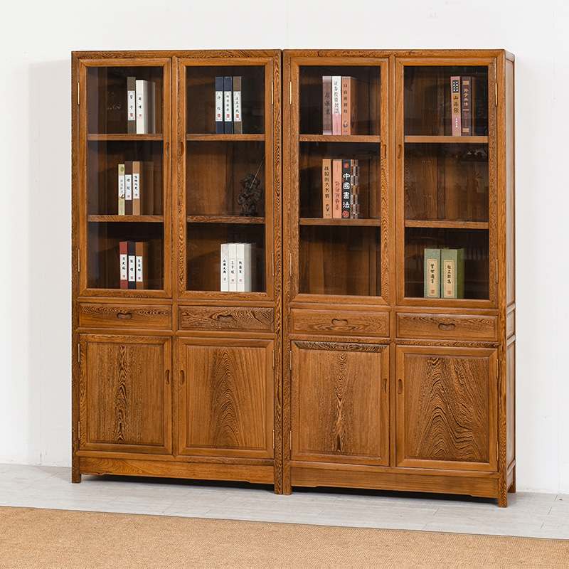 2I红木家具鸡翅木玻璃门书柜中式多层原木置物架办公室书房展示书