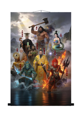 上古之神卷轴画人物画玄关走廊背景墙丝绸卷轴画佛堂供奉挂画定制