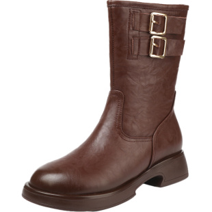 全真皮厚底骑士靴女秋冬新款中筒靴子圆头中筒马靴大码加绒棉靴子