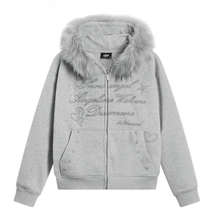 404MOB烫钻字母设计冬季大毛领加厚加绒外套女款短款连帽开衫卫衣