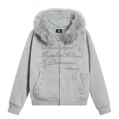 404MOB烫钻字母设计冬季大毛领加厚加绒外套女款短款连帽开衫卫衣