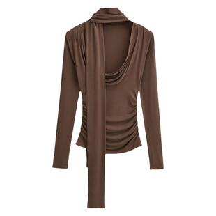 liviahome 辣妹飘带围巾荡领上衣女秋冬紧身长袖T恤显身材打底衫