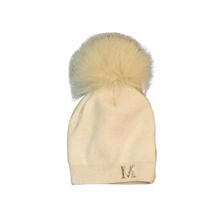 轻奢新款M标大狐狸毛球帽子女ins冬季宝宝保暖针织羊毛帽儿童潮牌