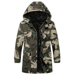 迷彩棉大衣长款加绒棉衣男冬季外套加厚棉服冷库防寒休闲连帽棉袄
