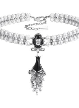 MOH水晶黑珐琅吊兰花卉珍珠项链