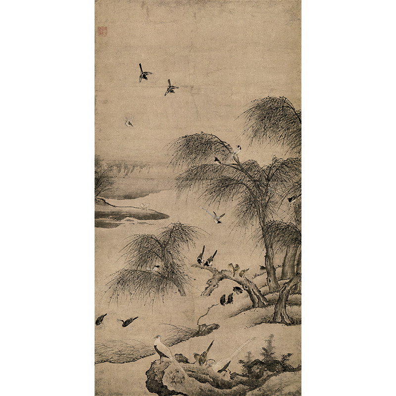 高清复制元代夏叔文柳汀聚禽图