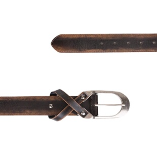 Darkblue擦色做旧异型交叉黄牛皮腰带复古男女同款棕色牛仔皮带