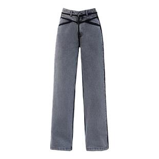 加绒牛仔裤女2026新款秋冬季烟灰色条纹裤子女士窄版直筒裤阔腿裤