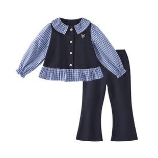 [7A抑菌]女童套装大童春季衣服洋气宝宝微喇裤春装新款儿童两件套