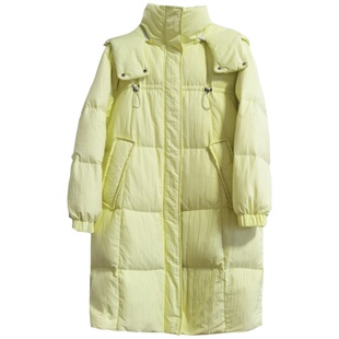 ZJ自制2022冬新品淡黄色长款连帽90白鸭绒羽绒服加厚保暖过膝外套