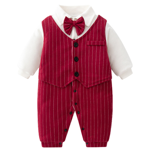 宝宝小少爷服一周岁礼服男满月服百天岁婴儿连体衣夹棉保暖秋冬装