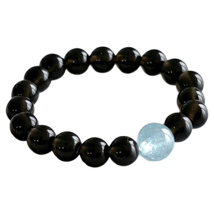 OkFineyard天然黑曜石海蓝宝戒指女小众设计好运尾戒水晶串珠指环