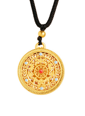 五福如意圆满宝符项链复古饰品镶嵌国潮挂件黄铜镀金花丝项链