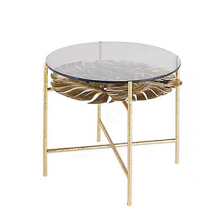 意大利轻奢纯铜茶几设计师别墅客厅黄铜玻璃叶子造型奢华圆形边几