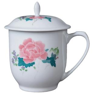 醴陵毛瓷茶杯陶瓷杯带盖大容量中式复古家用水杯办公会议杯带手柄