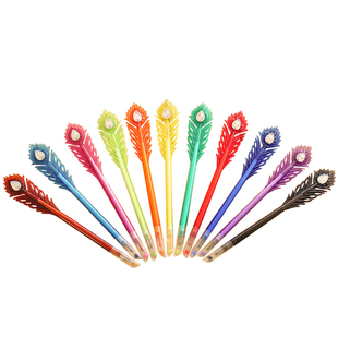 创意文具 孔雀羽毛笔学生彩色中性彩色毛笔好看的钻石头水晶可爱套装学生用韩国卡通勾线 超萌水笔水彩多色