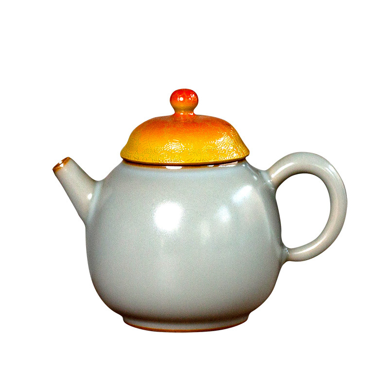 善窑厂李善明粉彩扒花鸿运当头天青色汝窑茶壶高端汝瓷礼品泡茶壶