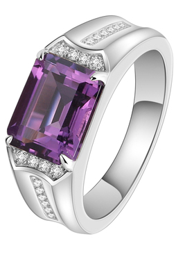天然巴西紫水晶戒指男925银镀金