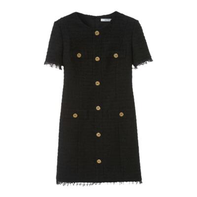 朗姿复古小香风法式流苏裙子女高级感气质2024夏新款黑白色连衣裙