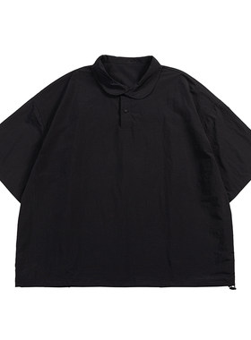 NOEARS夏季黑色娃娃领短袖宽松衬衫日系纯色落肩袖速干通勤上衣男