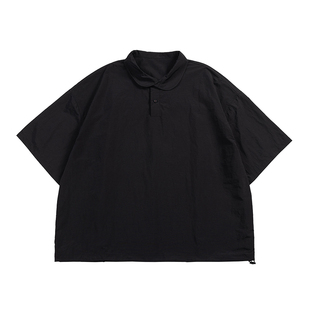 NOEARS夏季黑色娃娃领短袖宽松衬衫日系纯色落肩袖速干通勤上衣男
